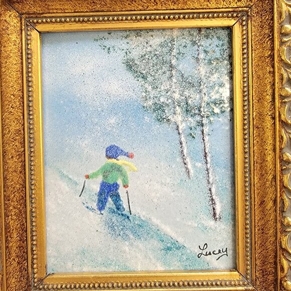 Winter Ski Scene Enamel on Copper Artwork By Jean Lucey, Framed & Signed, 7"x6" - Picture 3 of 16